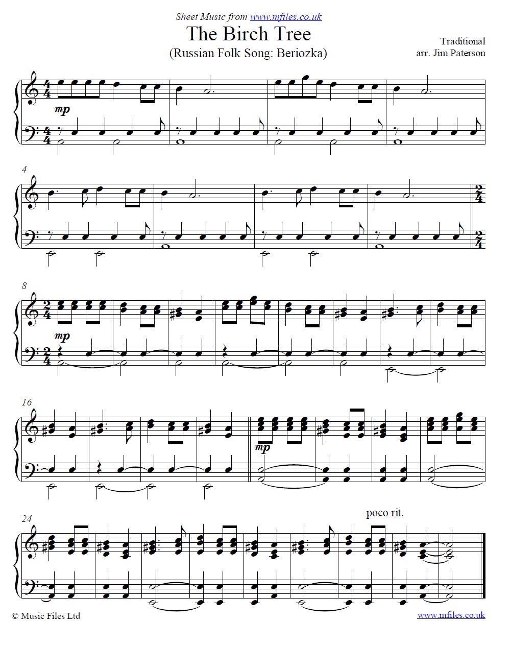 The Birch Tree (Beriozka) for piano - sheet music 1st page