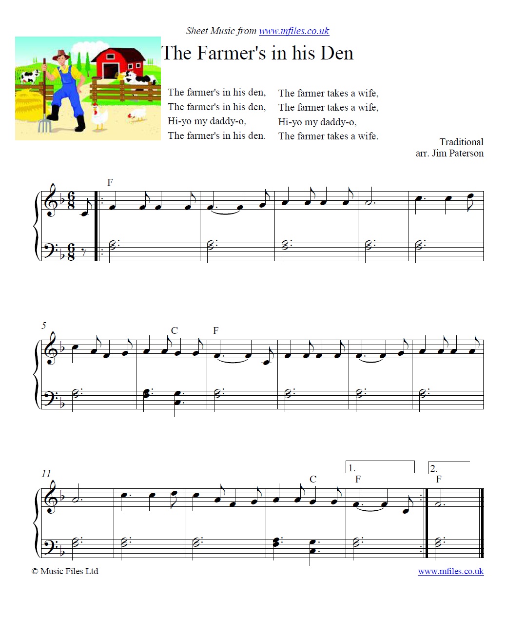 The Farmer's in his Den for piano - sheet music 1st page