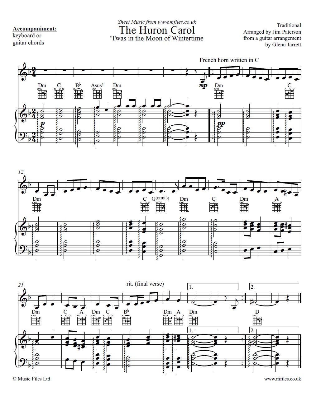 The Huron Carol for french horn and piano - sheet music 1st page