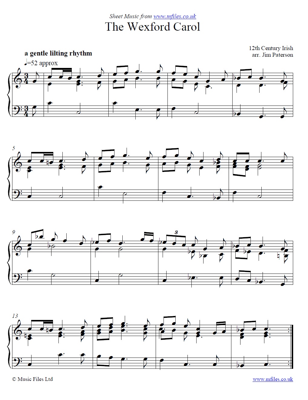 The Wexford Carol for piano - sheet music 1st page