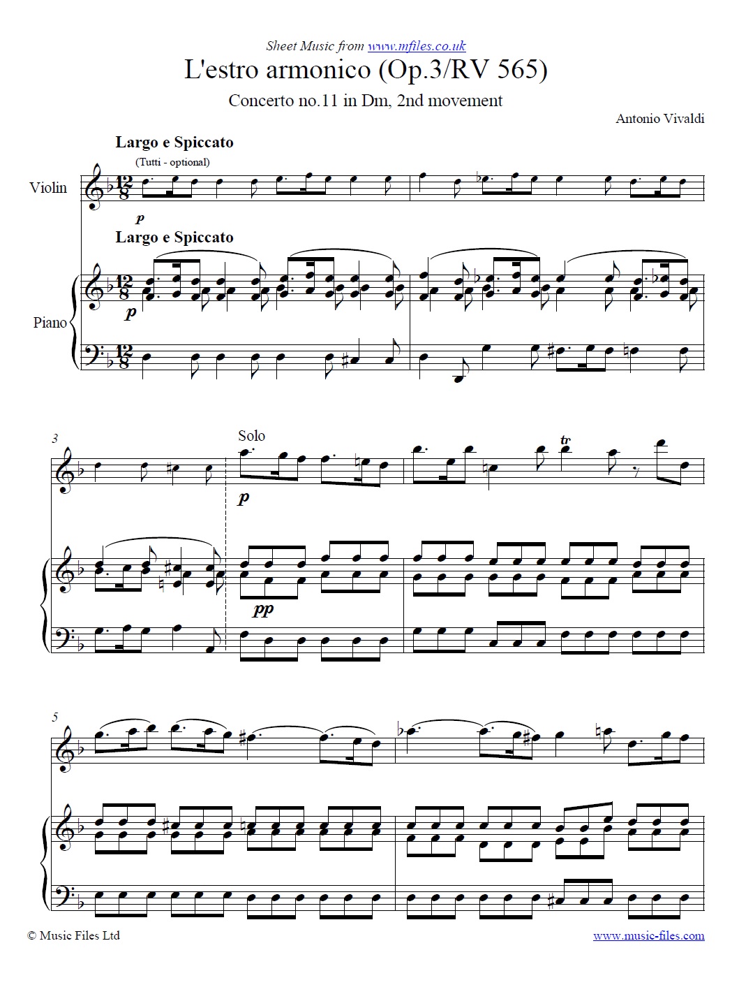 Vivaldi's L'estro armonico Concerto No.11 in Dm, 2nd movement, Violin & Piano - sheet music 1st page
